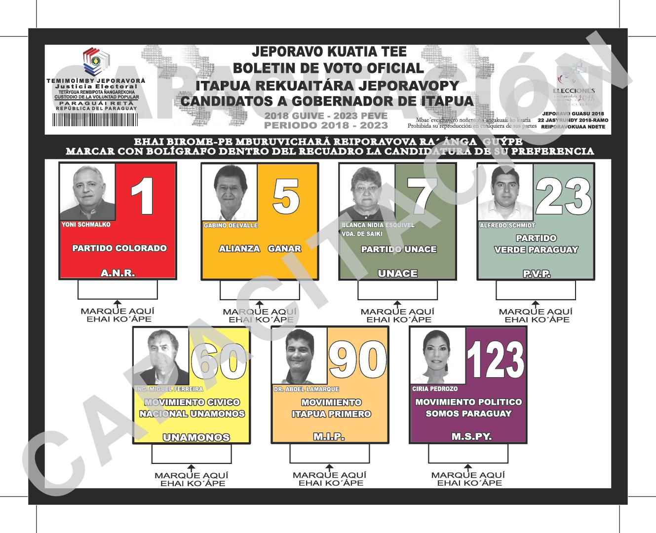 Boletin de voto de candidatos a GOBERNADOR de ITAPUA